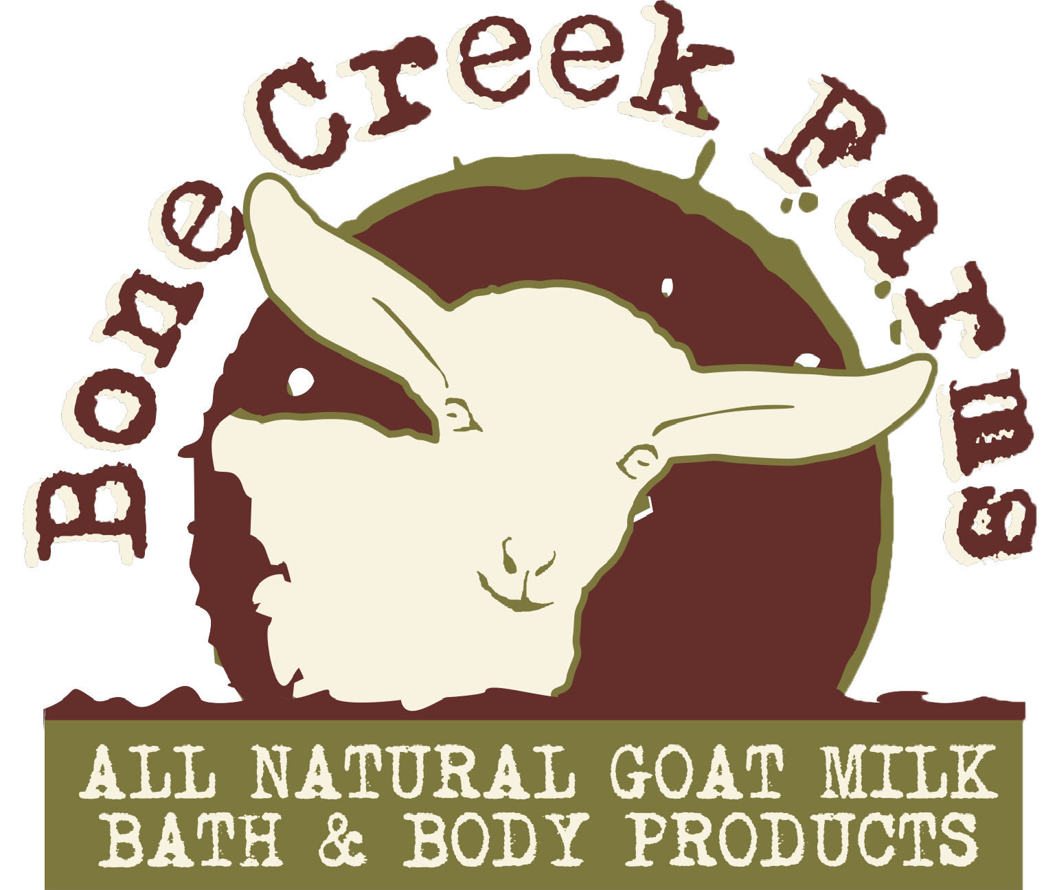 Logo of Bone Creek Farms featuring a goat's head, emphasizing all-natural goat milk bath and body products. The design includes earthy colors and rustic fonts, highlighting the brand's commitment to natural ingredients.