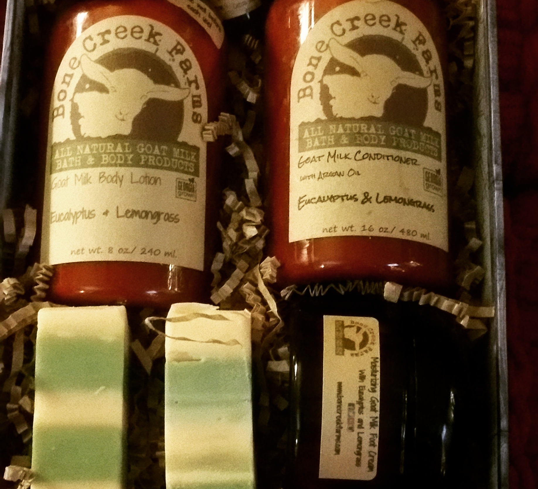 Tisha+Carr+-+IMG_20161214_142826 Goat milk bath and body products from Bone Creek Farms, featuring eucalyptus and lemongrass scented body lotion, goat milk conditioner, and handmade soap bars, arranged in a gift box with natural filler.