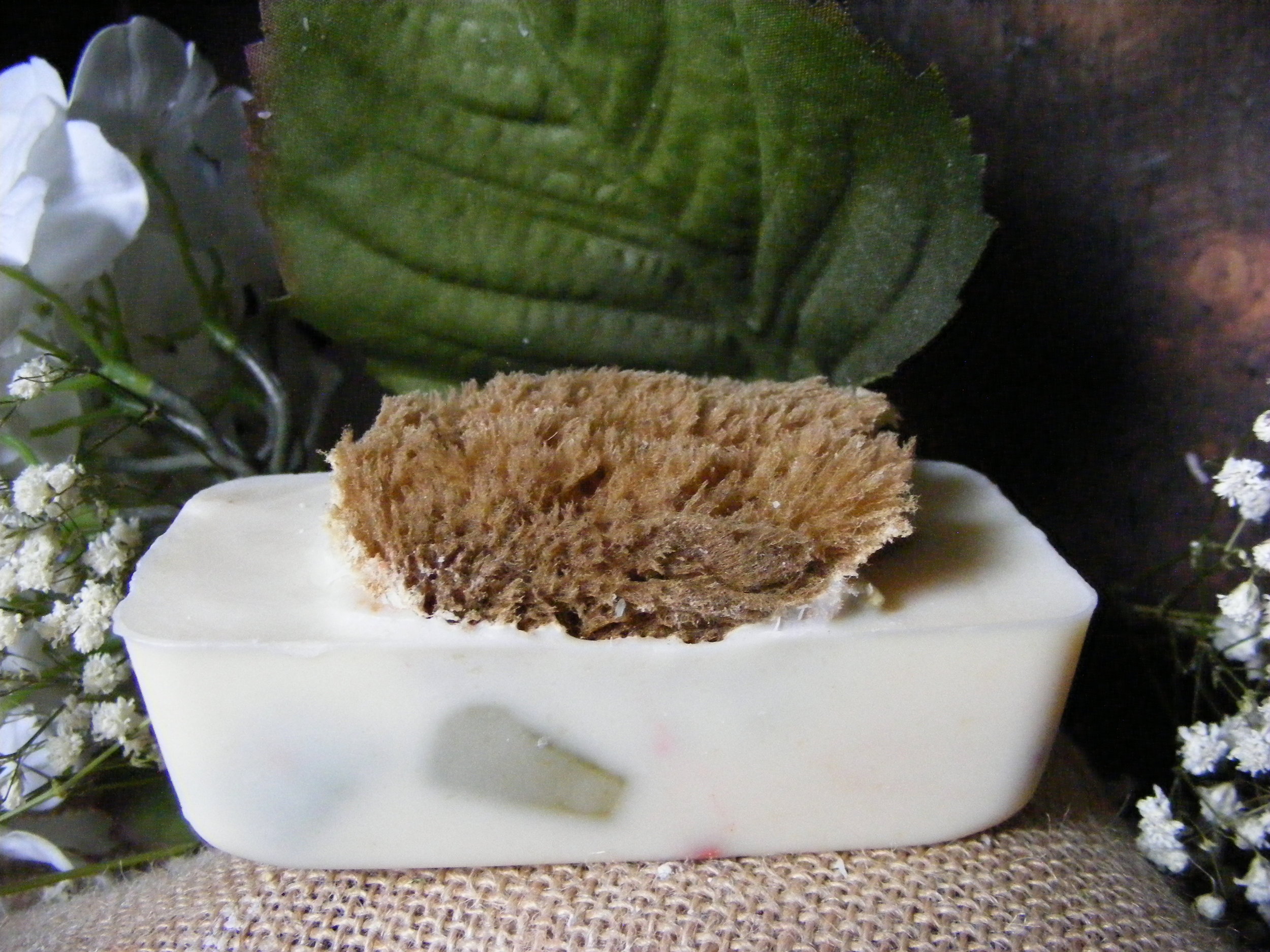 Tisha+Carr+-+WhTGSS Natural handmade soap with a natural sponge on top, surrounded by decorative flowers and green leaves, showcasing eco-friendly skincare products.