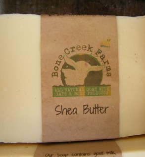 Shea butter soap from Bone Creek Farms, featuring a natural goat milk formula and eco-friendly packaging.
